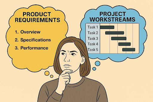 Woman thinking about product requirements and project workstreams.
