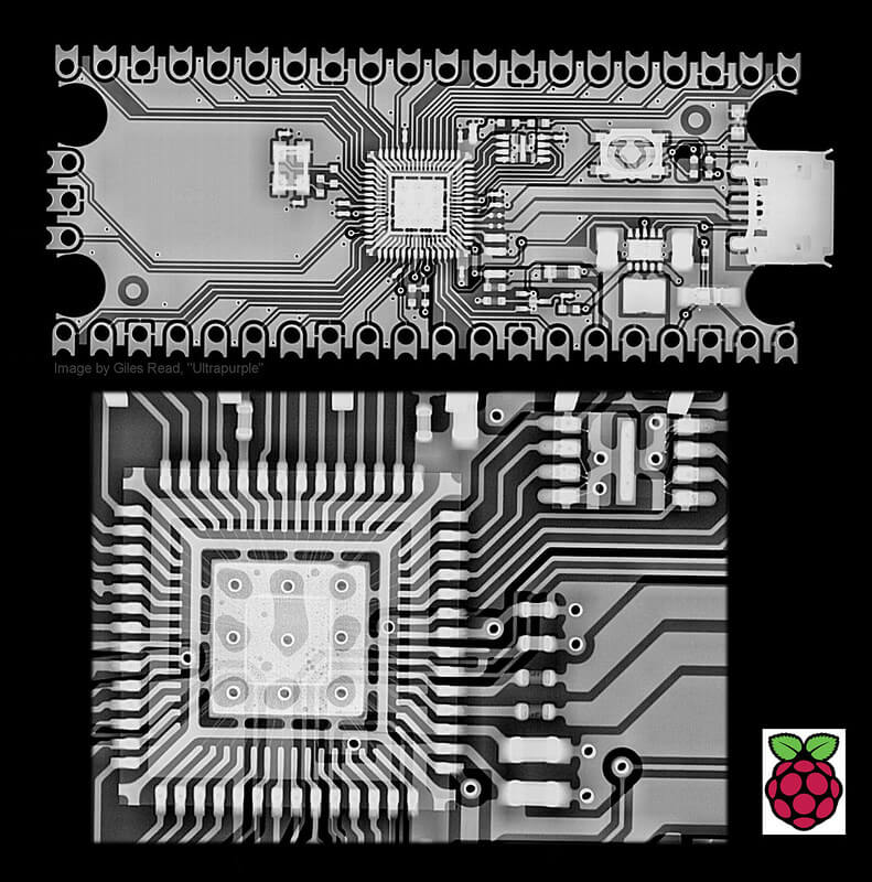 X-ray photo of a Raspberry Pi board by Giles Reed (Ultrapurple)